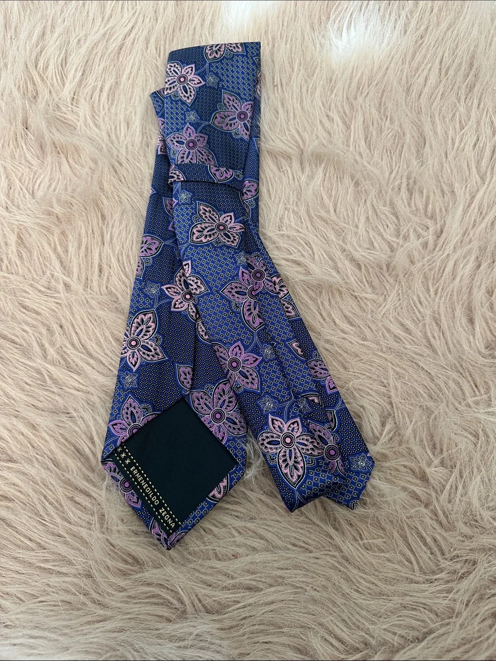 Ermenegildo Zegna Navy Tie with Pink Floral Motif